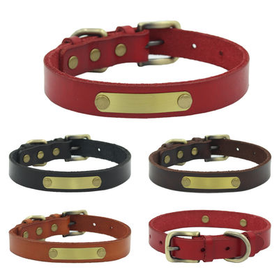Fixed With Rivets Top Layer Cowhide Collar Dog Leash Engraved On Bronze Iron Sheet