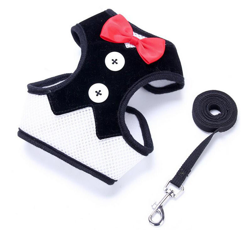 Adjustable Collar Leash Harness Set Handmade Dog Collar With Bow Tie Traction Vest Rope L 35-50cm