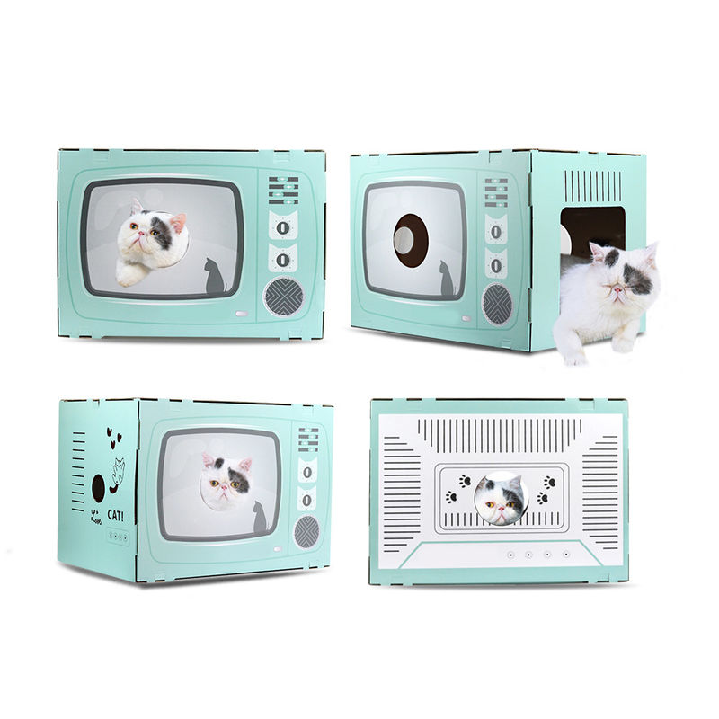 Cat House Scratcher Retro TV Shape Cat Lounge with Scratch Pad Corrugated Cardboard Cave Bed Scratcher