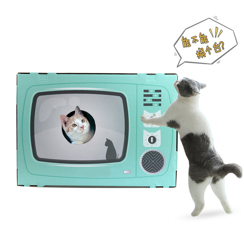 Cat House Scratcher Retro TV Shape Cat Lounge with Scratch Pad Corrugated Cardboard Cave Bed Scratcher