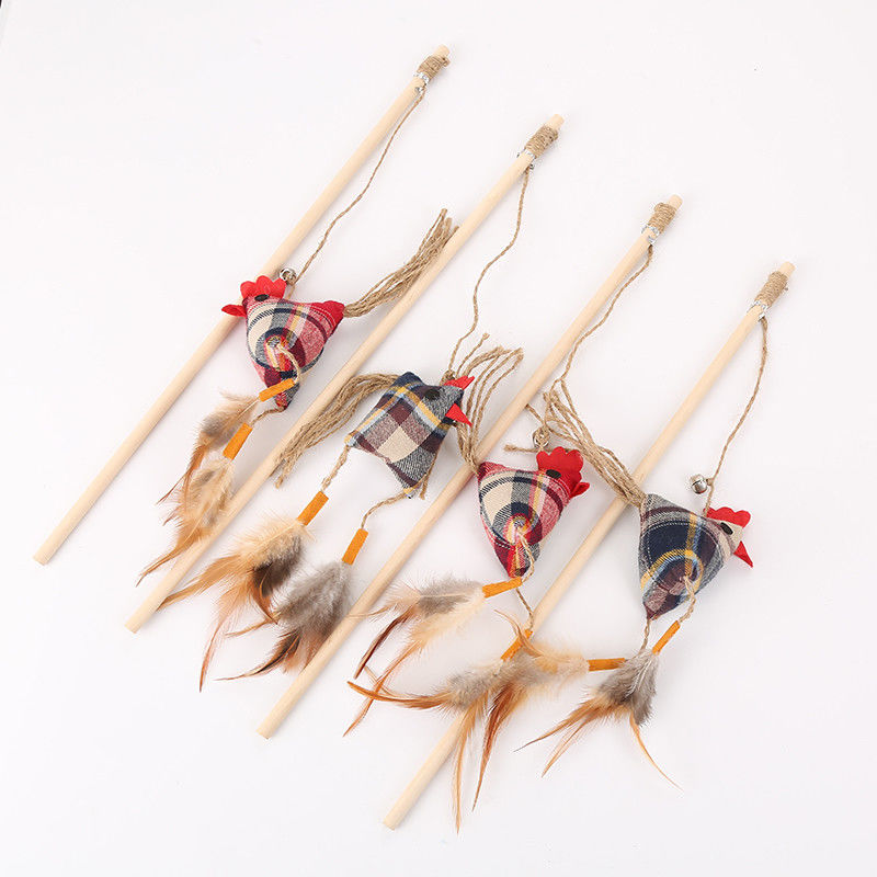 Wood Luxury Chicken Shaped Cat Toy Stick With Feather Interactive