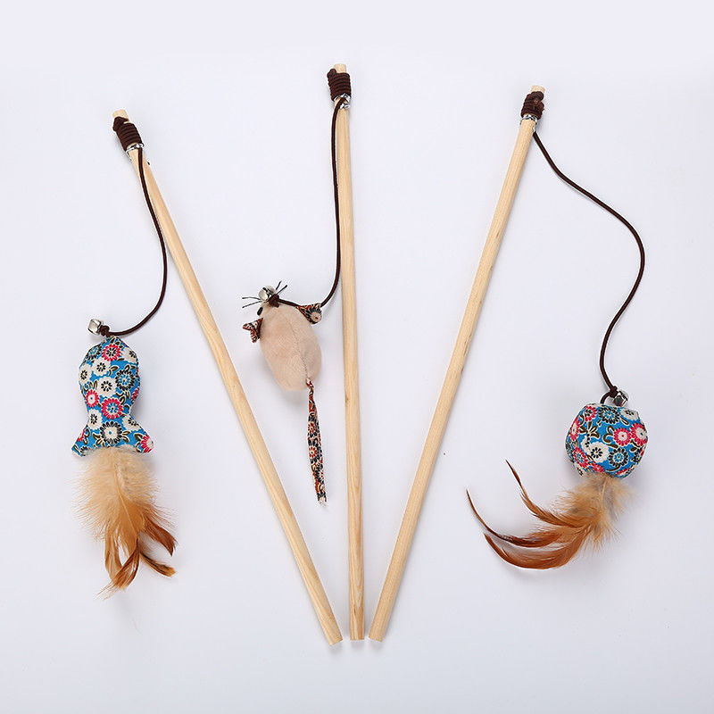Chicken Shaped Cat Pet Toys Teaser Stick With Feather Wooden Toys For Cats