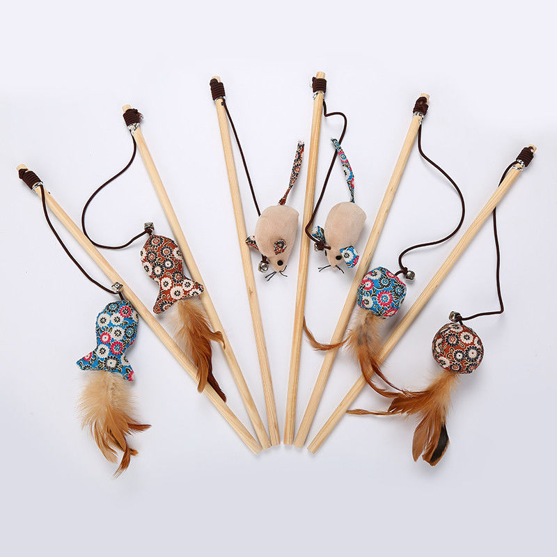 Chicken Shaped Cat Pet Toys Teaser Stick With Feather Wooden Toys For Cats