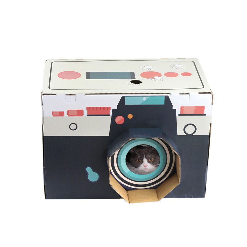 Cat House Scratcher Retro Camera Shape Cat Lounge with Scratch Pad Corrugated Cardboard Cave Bed Scratcher