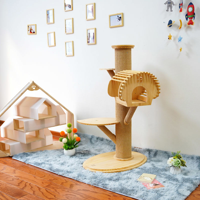 123cm Large Solid Wood Cat Climbing Tree Cat Activity Tower With Scratching Posts
