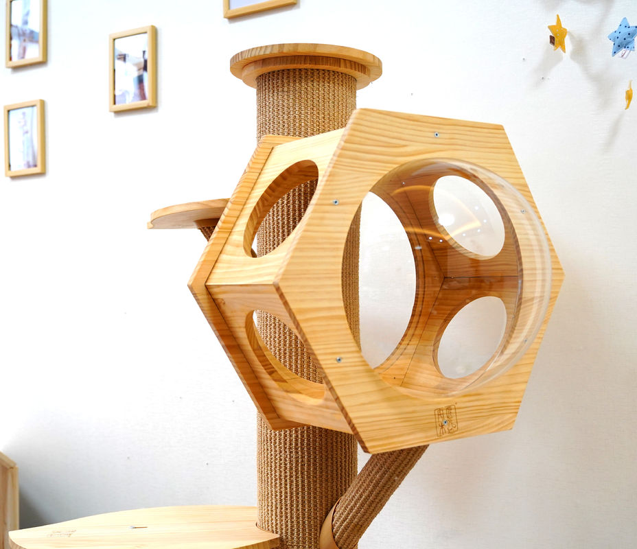 Luxury Hexagon Wooden Pet Bed Cave Cat Climbing Tower With Space Capsule