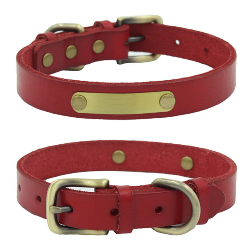 Fixed With Rivets Top Layer Cowhide Collar Dog Leash Engraved On Bronze Iron Sheet