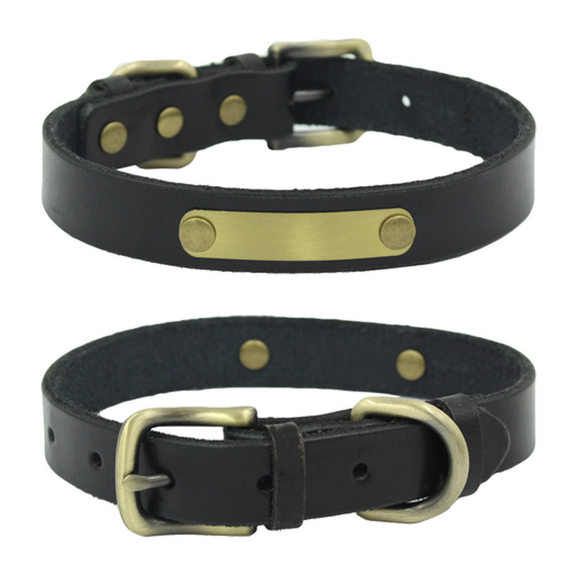 Fixed With Rivets Top Layer Cowhide Collar Dog Leash Engraved On Bronze Iron Sheet