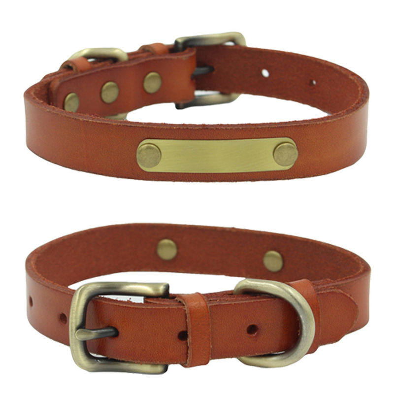 Fixed With Rivets Top Layer Cowhide Collar Dog Leash Engraved On Bronze Iron Sheet