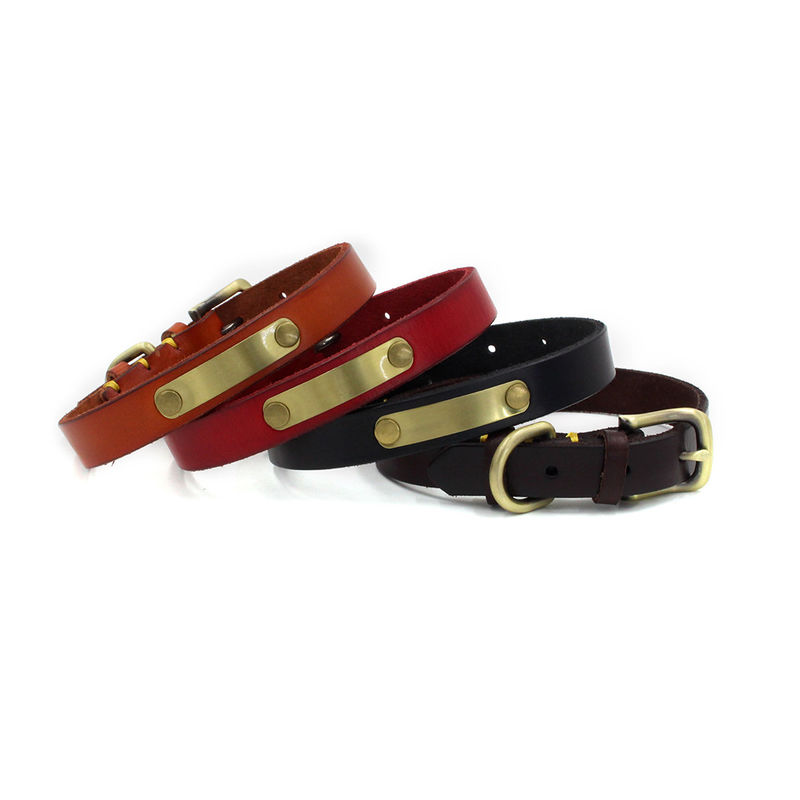 Custom Handmade Cattlehide Dog Collar Leather with Bronze Metal Plate Can Be Engraved Pet ID Collars for Dogs