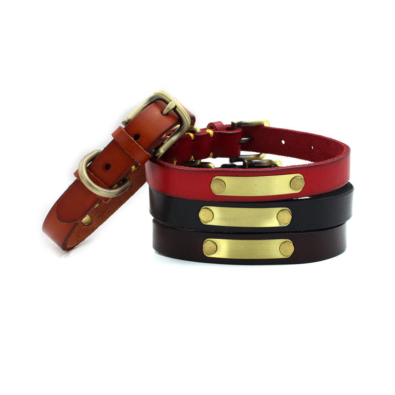 Custom Handmade Cattlehide Dog Collar Leather with Bronze Metal Plate Can Be Engraved Pet ID Collars for Dogs