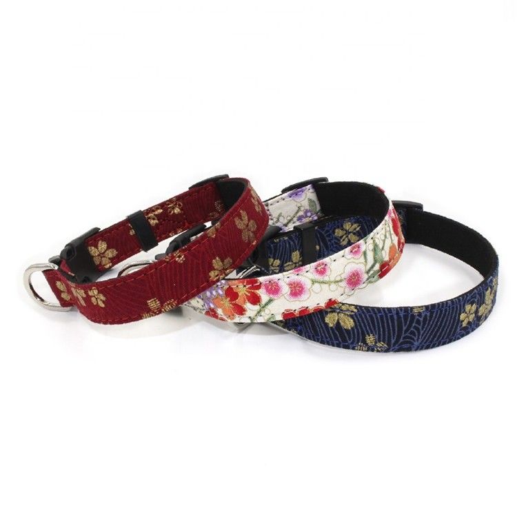 Printed Sakura Suede Substrate Puppy Dog Collar Leash Harness Set With D Rings Japanese Style