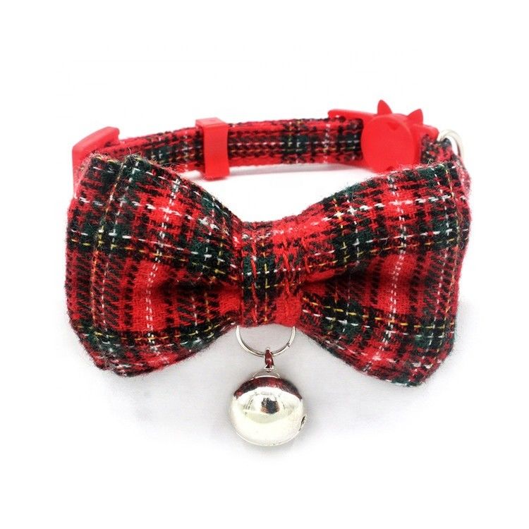 Scottish Tartan Bowtie Cat Collar Safety Buckle With Bell Cotton Width Adjust 13-22cm