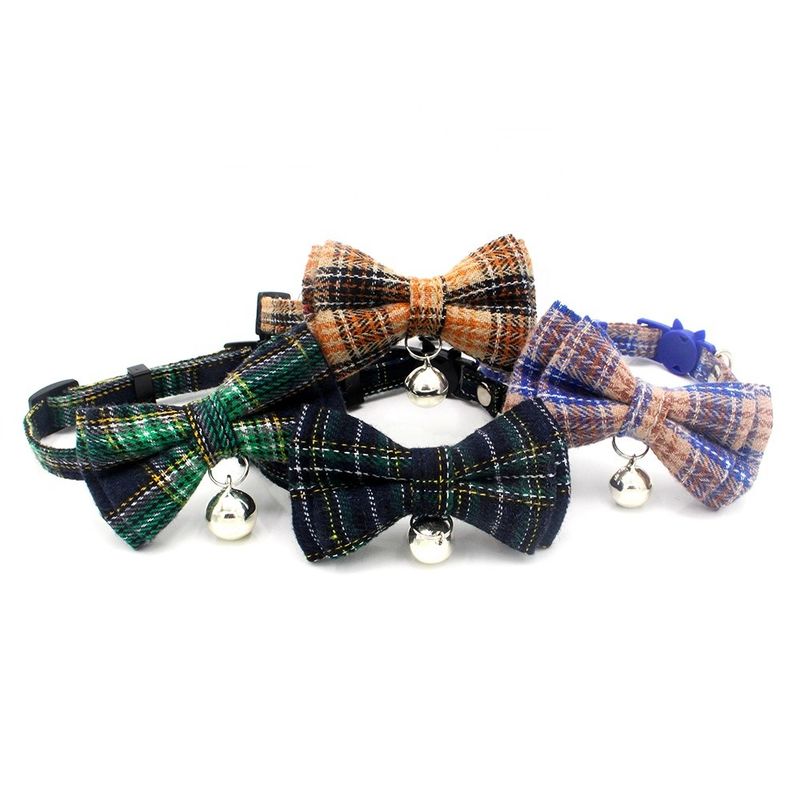 Scottish Tartan Bowtie Cat Collar Safety Buckle With Bell Cotton Width Adjust 13-22cm