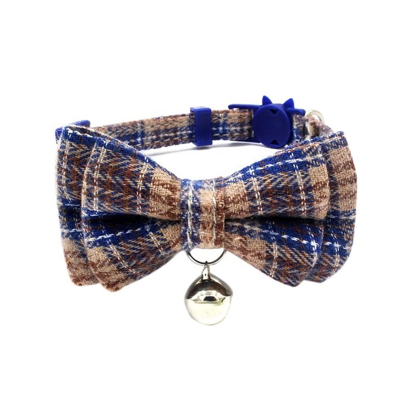 Scottish Tartan Bowtie Cat Collar Safety Buckle With Bell Cotton Width Adjust 13-22cm