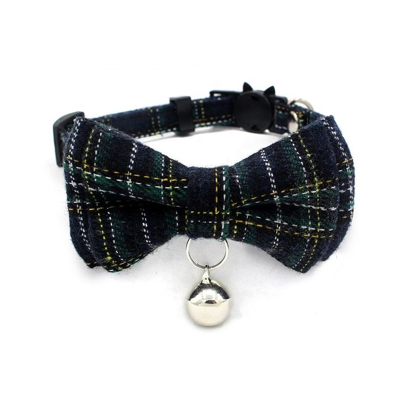 Scottish Tartan Bowtie Cat Collar Safety Buckle With Bell Cotton Width Adjust 13-22cm