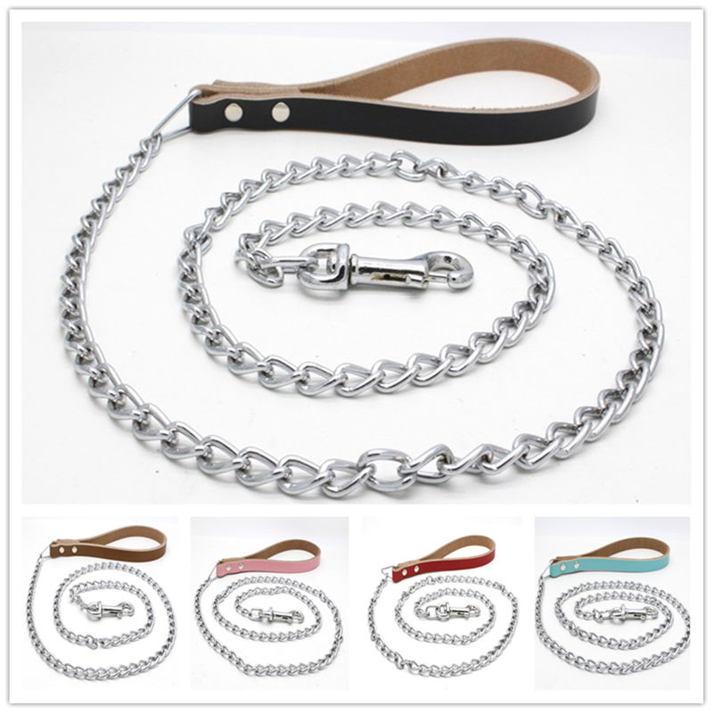 Matching Cowhide Dog Neck Chain Chrome Plated Iron Traction Dog Leash Chain
