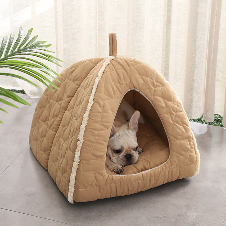 Plush Pet Tent With Zipper Detachable Mat Dog Bed With Non Slip Bottom Igloo Cat House Kennel