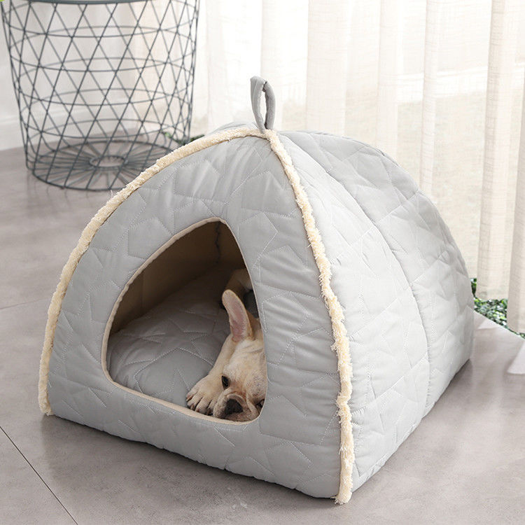Plush Pet Tent With Zipper Detachable Mat Dog Bed With Non Slip Bottom Igloo Cat House Kennel
