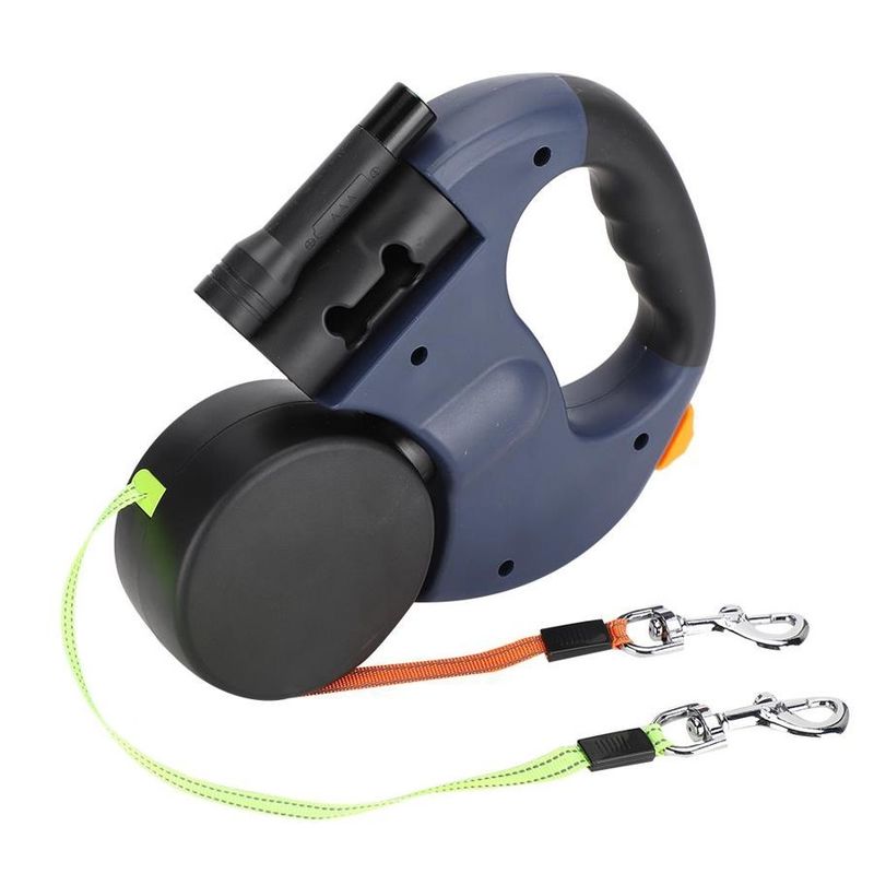 Reflective Dual Retractable Dog Leash Heavy Duty Elastic Belt with LED Flashlight Poop Bags