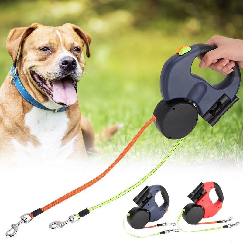 Reflective Dual Retractable Dog Leash Heavy Duty Elastic Belt with LED Flashlight Poop Bags