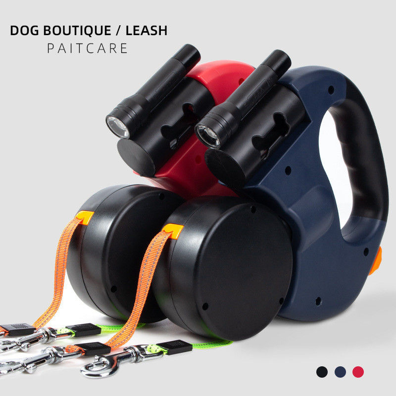Reflective Dual Retractable Dog Leash Heavy Duty Elastic Belt with LED Flashlight Poop Bags