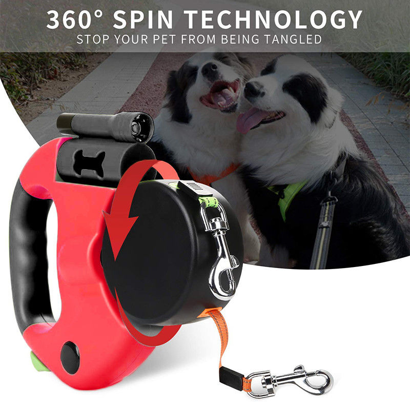 Reflective Dual Retractable Dog Leash Heavy Duty Elastic Belt with LED Flashlight Poop Bags