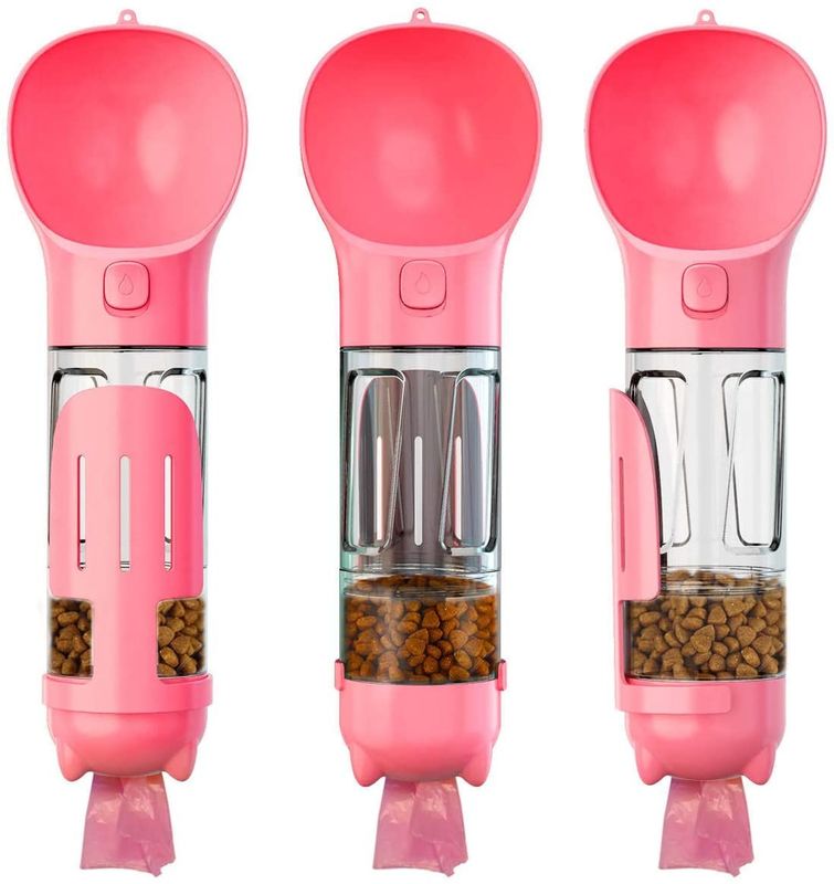 4 In1 Portable Leakproof Pink Dog Water Bottle With Food Container &amp; Waste Bag