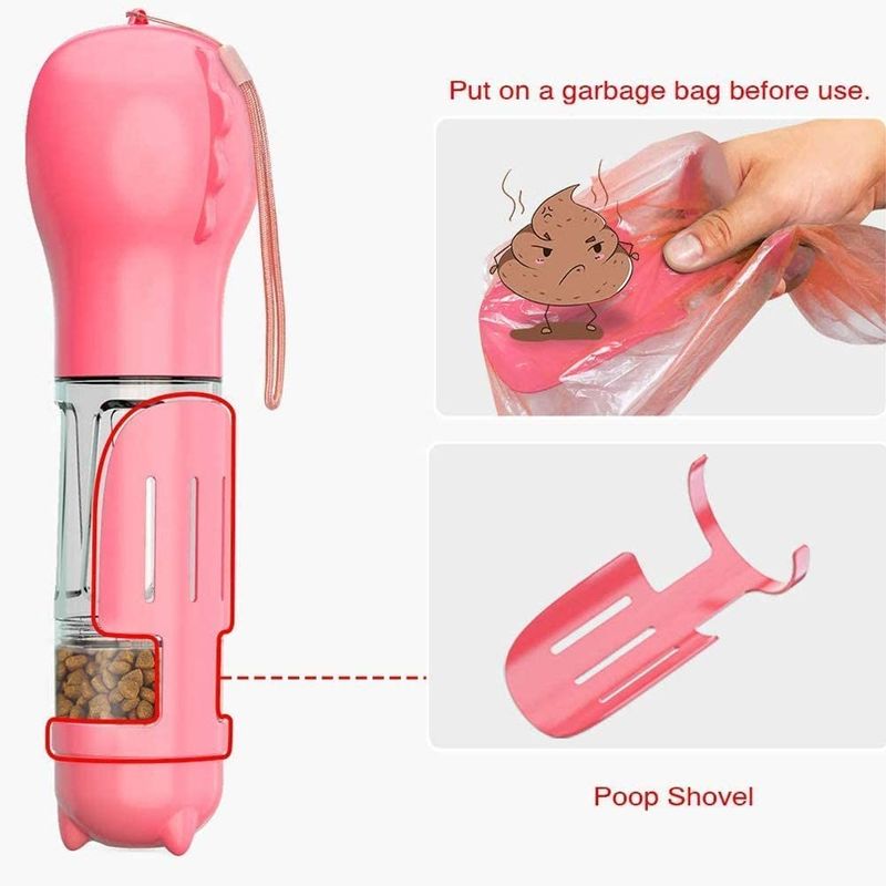 4 In1 Portable Leakproof Pink Dog Water Bottle With Food Container &amp; Waste Bag