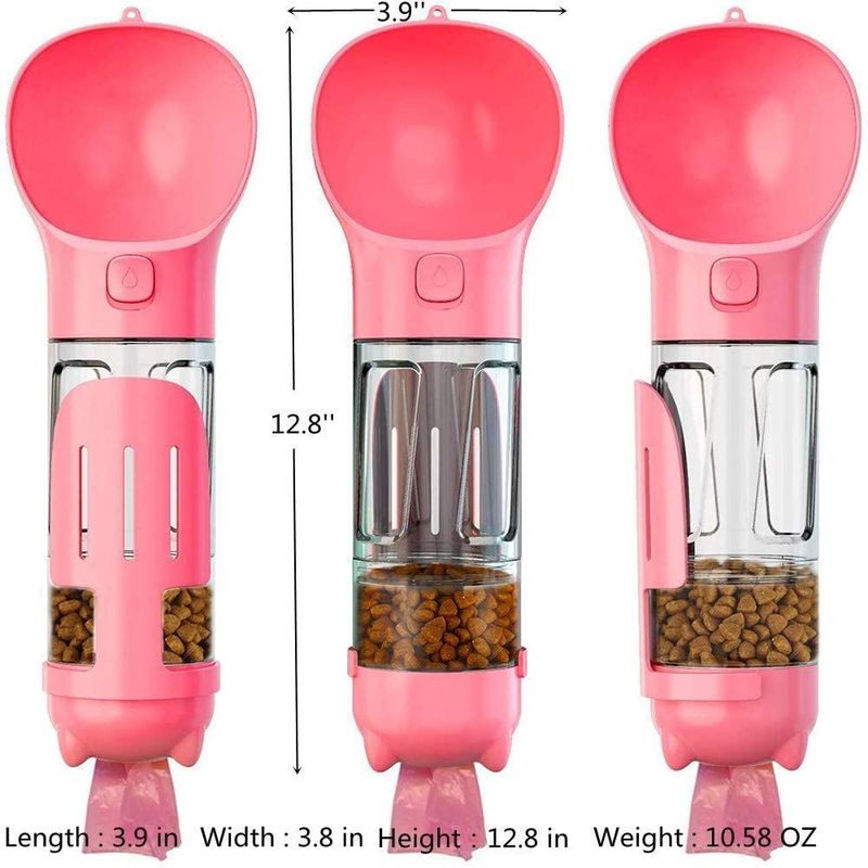 4 In1 Portable Leakproof Pink Dog Water Bottle With Food Container &amp; Waste Bag