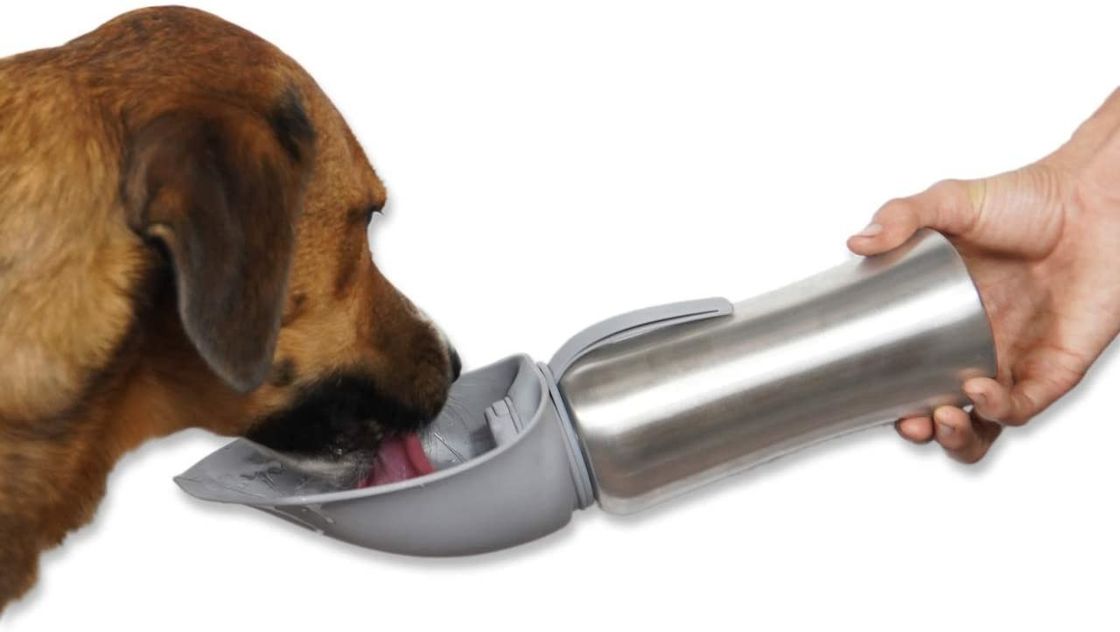 Stainless Travel Pets Dog Hot Water Bottle With Silicone Flip Up Bowl 42oz / 1200mL